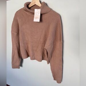 Taupe Cropped Ribbed Turtleneck Sweater Soft Knit Modern Minimalist Top
